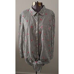 Gap Maternity Striped Shirt Embroidered Flower Button Up Tie Front 100% Cotton L